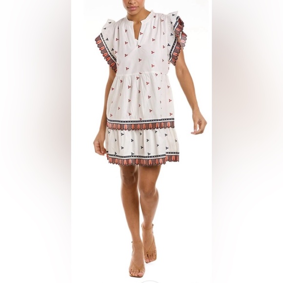 Marie Oliver Gia Dress White w/ Red & Blue Designs and Embroidered Ruffles Sz XL - Picture 1 of 8